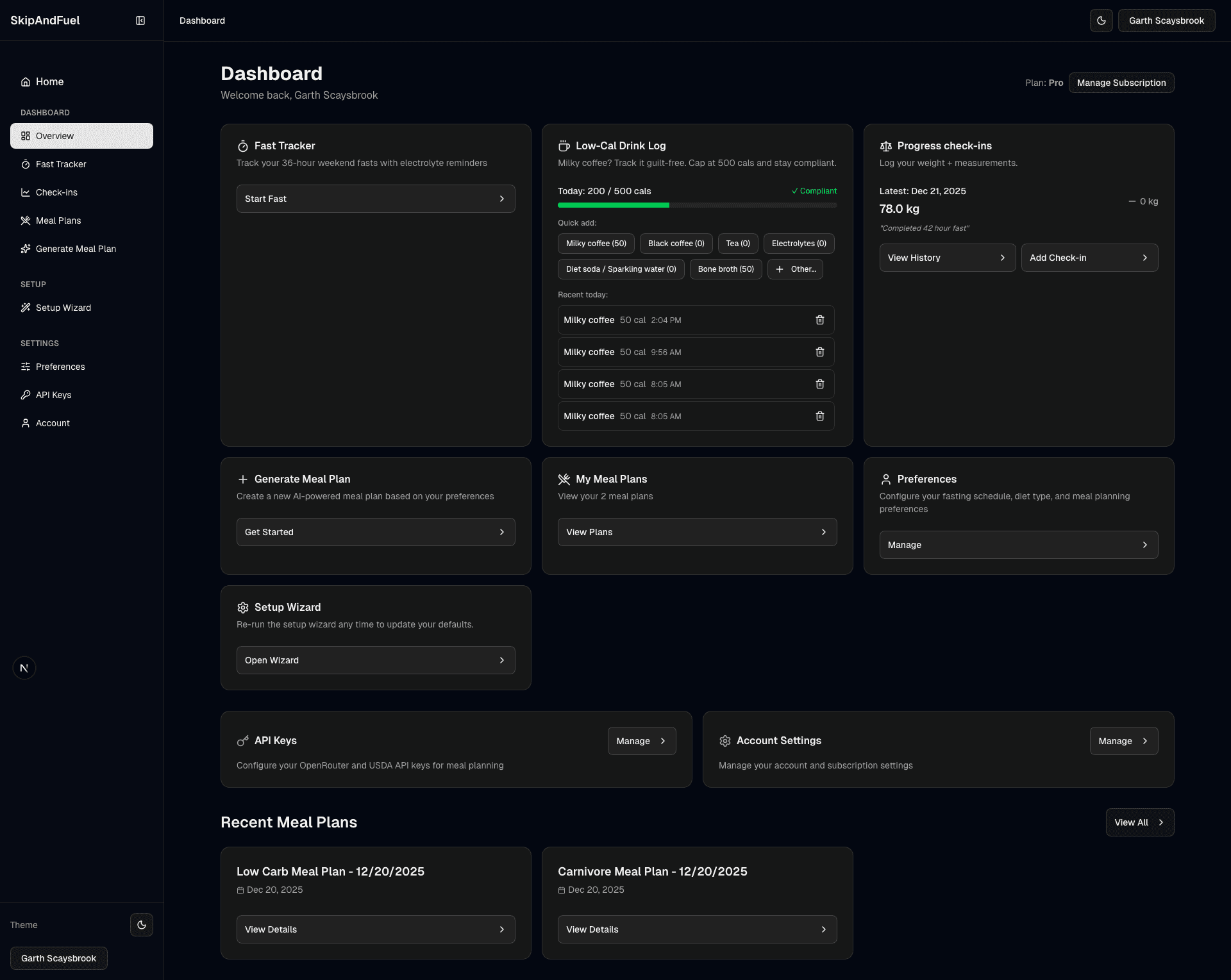 Skip & Fuel app - Desktop Dashboard