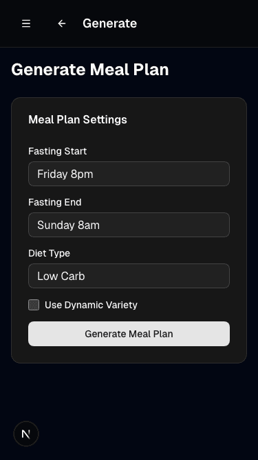 Skip & Fuel app - AI Meal Planner screen